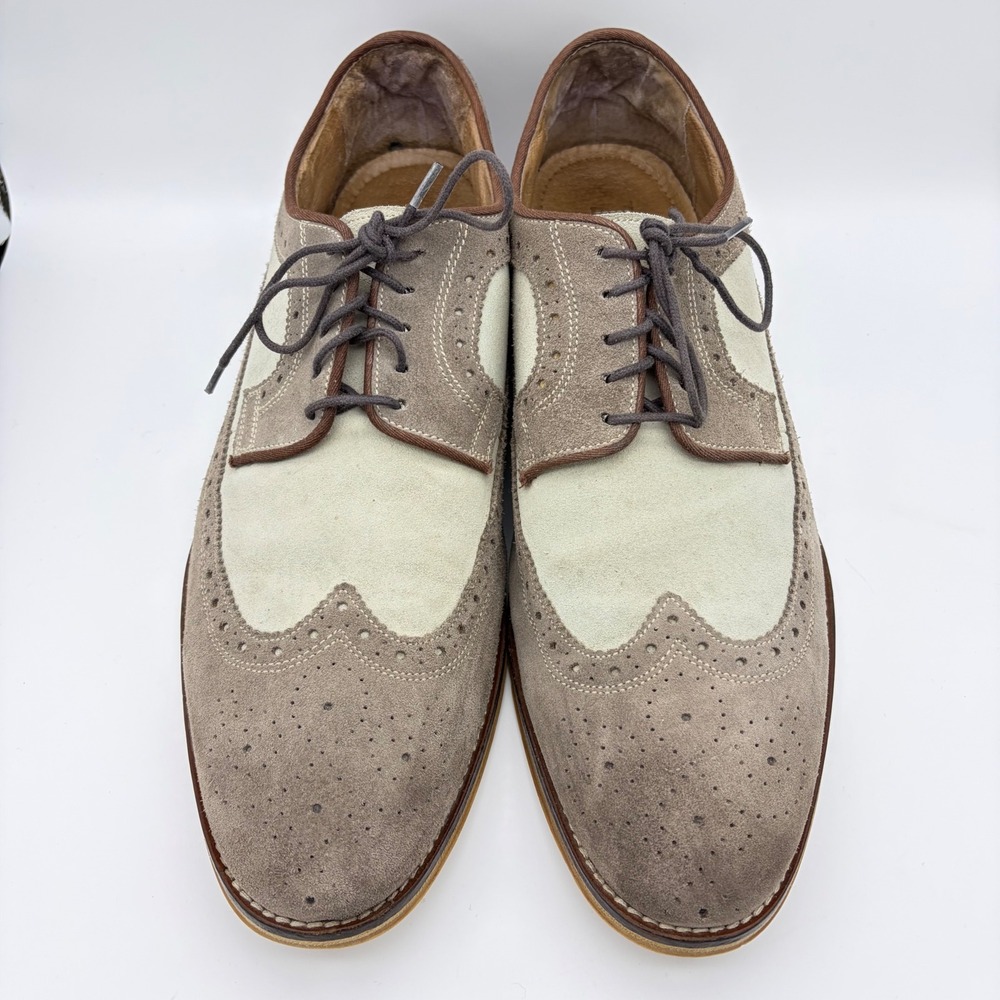 Johnston & Murphy Mens 13 Suede Wingtip Oxford Shoes Taupe Cream Brogue Preppy - Picture 2 of 11